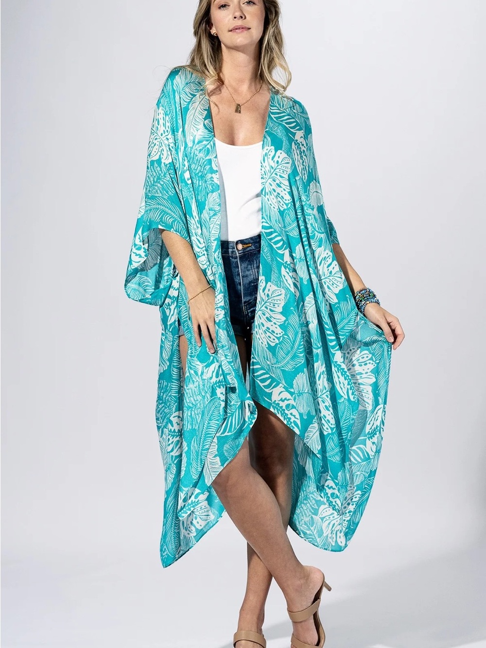 Aqua Palm-Leaf Kimono